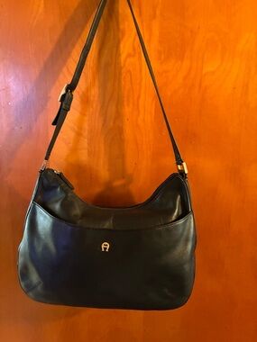 Etienne Aigner Black Leather Shoulder Bag with Gold Logo